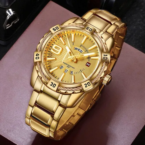 Vista 4 de FANMIS Reloj analógico de lujo para hombre, con fecha de cuarzo, impermeable, de acero inoxidable, Oro, Reloj de cuarzo
