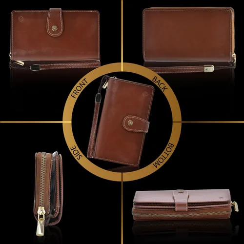 Vista 5 de Leather SR Cartera de cuero de grano superior para mujer de gran capacidad con bloqueo RFID 24 ranuras para tarjetas 9 compartimentos