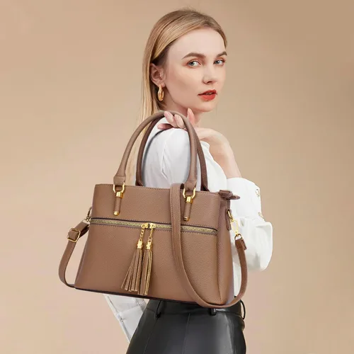 Vista 2 de KKXIU Bolsos tipo satchel para mujer con asa, bolsos de hombro y carteras con bolsillos y cremallera, bolsos cruzados de cuero