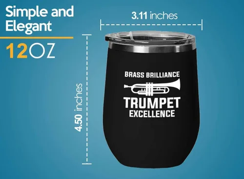 Vista 4 de Trumpet Lover Gift Black Edition Vaso de vino de 12 onzas – Trompeta brillante de latón – Divertido trompetista banda de latón, trompetista, amante