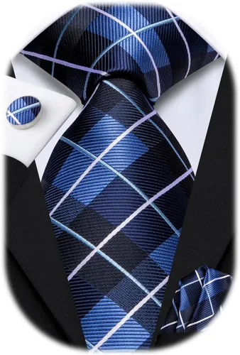 Vista 162 de Hi-Tie Corbata clásica de cachemira para hombre con pañuelo y gemelos a cuadros