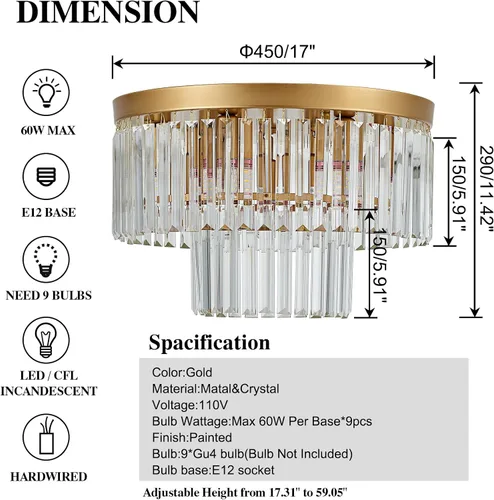 Vista 2 de Lámpara de Techo de Cristal Dorado de 17", 9 Luces, Accesorio de Iluminación de Cristal Moderno de 2 Niveles, Lámpara de Techo de Cristal K9 de Oro