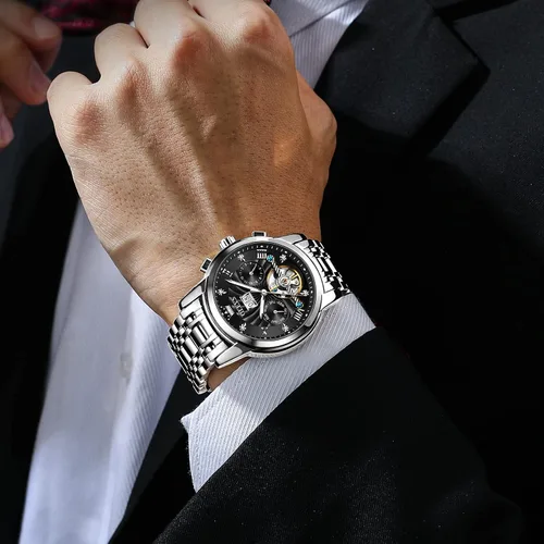 Vista 7 de OLEVS Relojes automáticos para hombre, reloj mecánico de lujo con cuerda automática, Tourbillon, reloj de esqueleto, reloj de negocios con diamantes