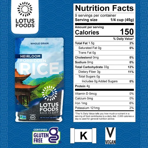 Vista 3 de Lotus Foods Heirloom Forbidden Rice - Arroz negro, arroz morado, arroz negro a granel, arroz tradicional sin gluten, grano entero, sin OMG, vegano