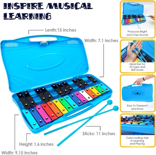 Vista 4 de MINIARTIS Glockenspiel Xilófono Xilófono de 25 notas con teclas metálicas coloridas para niños Instrumento musical de percusión Juguete