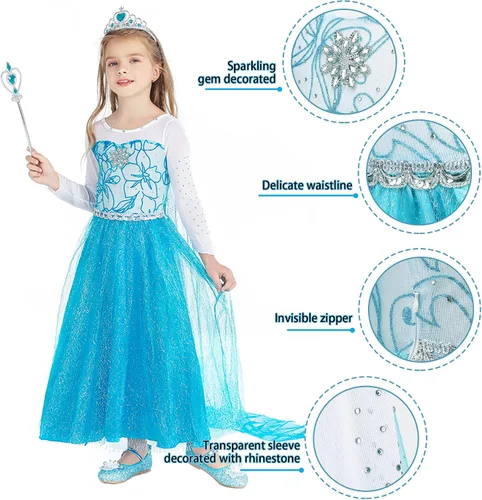 Vista 4 de Elsa Dress Up for Girls - Disfraz de princesa de Anna para niños con corona, varita, guantes para fiestacosplay, boda de 3 a 10 años