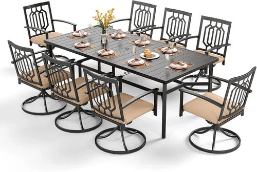 Vista 25 de PHI VILLA Juego de comedor al aire libre de 7 piezas para 6, mesa rectangular de metal negro de 60 pulgadas con agujero para sombrilla y sillas