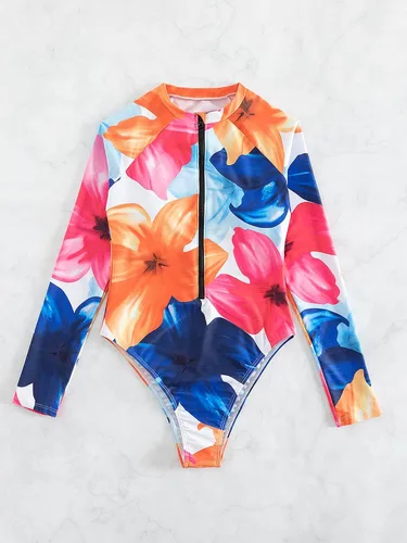 Vista 5 de WDIRARA Traje de baño de una pieza de manga larga para mujer, con estampado geométrico, cremallera frontal, control de abdomen