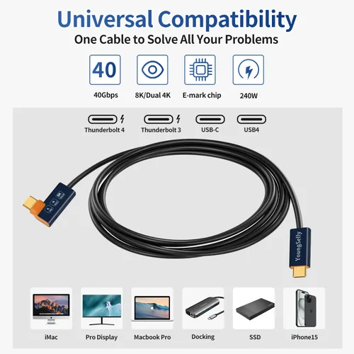 Vista 2 de Cable USB C macho a macho de 1.64 pies, compatible con Thunderbolt 4/3, USB4/3, soporta carga rápida de 240 W (48 V/5 A máximo), transferencia