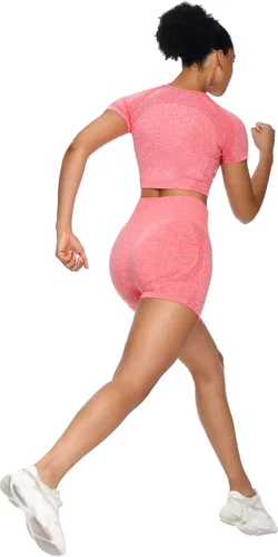 Vista 3 de Sytiz Conjunto de 2 piezas de yoga sin costuras para mujer, pantalones cortos de gimnasio y camiseta corta de manga corta