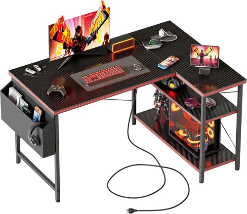 Vista 21 de Mericonia Escritorio pequeño en forma de L para computadora con tomas de corriente, escritorio de juegos para espacios pequeños, escritorio