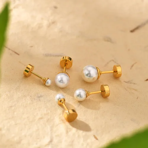 Vista 7 de JINEAR 5 pares de aretes de tuerca para mujer, chapados en oro/plata de 14K, perla, aretes pequeños tipo bola, conjunto de piercing de cartílago 1