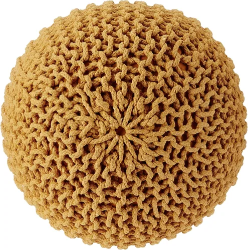 Vista 4 de REDEARTH · Puf otomano redondo - Tejido a mano con cable estilo bohemio, reposapiés circular para decoración del hogar, para sala de estar - Mostaza