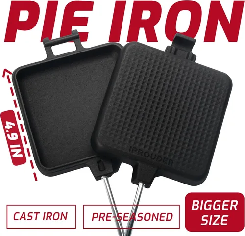Vista 2 de Campfire Pie Iron - Sandwichera grande de hierro fundido de 4.9 pulgadas para camping, 2 piezas con bolsa de almacenamiento, asas ajustables de 21.7
