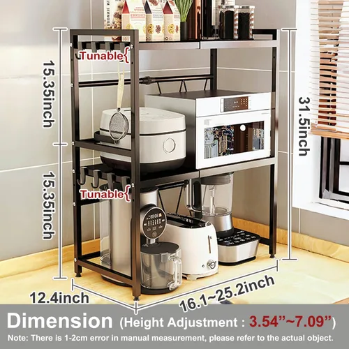 Vista 2 de Soporte Expandible para Microondas de Encimera, Estante Sobre Microondas de 3 Niveles Resistente con 8 Ganchos, Estante Ajustable de Altura de Acero