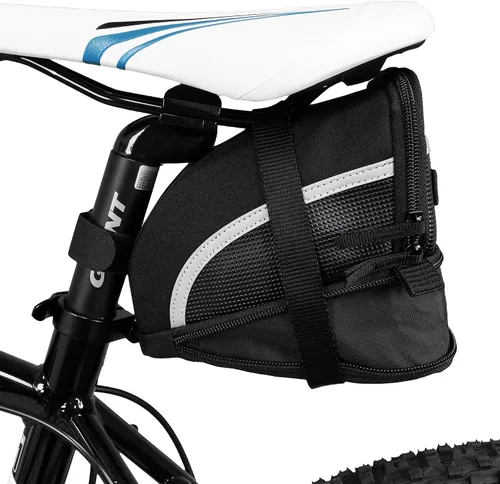 Vista 8 de BV Bolsa de bicicleta con correa con material reflectante, bolsa de sillín de gran capacidad con divisor separado para objetos pequeños y espacio