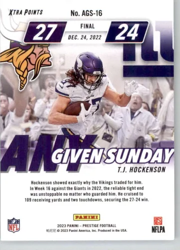 Vista 2 de 2023 PANINI PRESTIGE CUALQUIER DOMINGO DADO #16 T.J. HOCKENSON NMMT VIKINGS