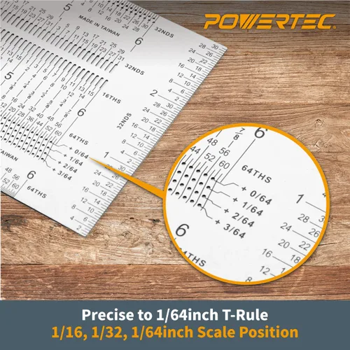Vista 3 de POWERTEC Regla T de Marcado de Precisión de 6 Pulgadas, Regla T con Lápiz para Medir, Trazar, Establecer Altura de Brocas, Herramientas de Marcado