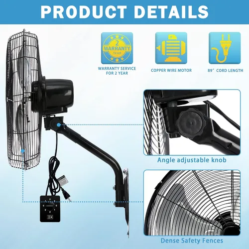 Vista 5 de Ventilador de pared de 20 pulgadas, ventilador de pared resistente de 7100 CFM con 3 velocidades e inclinación ajustable, ventiladores oscilantes