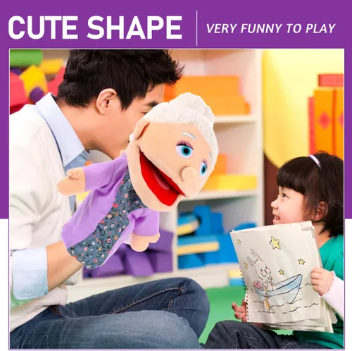 Vista 2 de Marioneta de mano para abuela, figura de miembro de la familia con boca móvil, marioneta de mano de felpa, juguetes de simulación, accesorios
