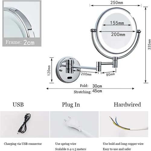 Vista 6 de GAUDIE Espejo de maquillaje LED con sensor inteligente con luces y aumento de 10X, espejo de tocador extensible giratorio de doble cara montado
