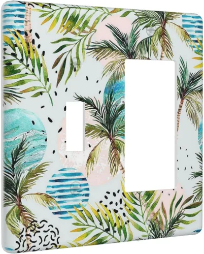 Vista 254 de Cubierta de interruptor de luz de una pandilla de hojas de palma tropicales de estilo bohemio abstracto, árbol de coco, verano, sin dispositivo