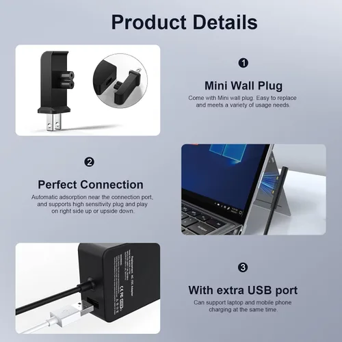 Vista 2 de 65W Microsoft Surface Charger Pro/Laptop/Book/Go Replacement AC Adapter Fits Surface Pro1-11, Laptop1-7, Book1-3, Go1-3, 65W works with 44W/36W
