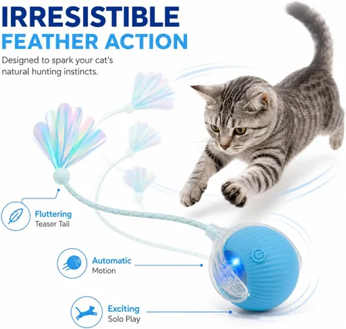 Vista 4 de Pelota de juguete interactiva para gatos con luces LED – Teaser automático recargable USB-C para gatos y gatitos de interior, divertido juguete