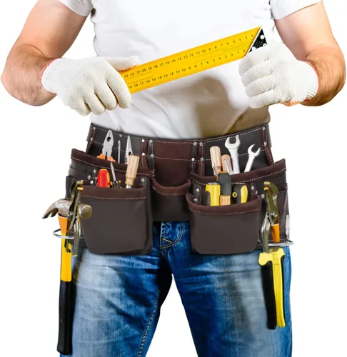 Vista 2 de Bolsa de cuero para cinturón de herramientas, cómodas bolsas de herramientas de apoyo para la espalda con tirantes para construcción, enmarcadores
