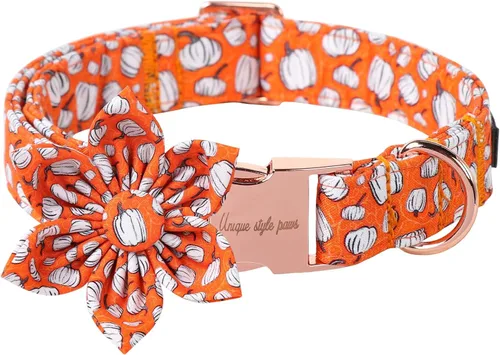 Vista 22 de Collar de perro de Halloween de estilo único con arco de flores de Unique Style Paws, collar de calabaza de algodón para perros pequeños, medianos