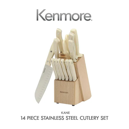 Vista 2 de Kenmore Kane - Juego de 14 cuchillos de cocina de acero inoxidable, asas ABS de triple remache, blanco crema, para chef, pan, utilidad, pelar