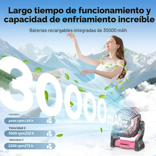 Vista 3 de Ventilador solar de 30000 mAh con linterna LED, panel solar recargable de 10 W, ventilador de camping para exteriores, portátil de 9 pulgadas Rosa