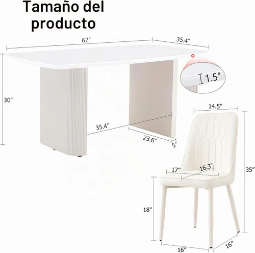 Vista 3 de Juego de mesa de comedor blanco Ebullient para 8, mesa de comedor ovalada de mármol de 67' con 8 sillas de metal, tapa de grano de mármol de 3.5