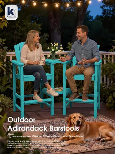 Vista 2 de KINGYES Aruba - Juego de 4 sillas Adirondack altas de HDPE con bandejas de conexión dobles, silla Adirondack de altura de barra en relieve para 2