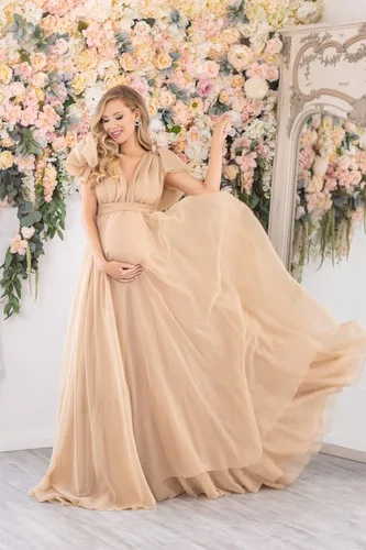 Vista 2 de Zxruijing Vestido de maternidad de gasa para fotografía, cuello en V, vestidos de sesión de fotos de maternidad para baby shower, vestido de embarazo