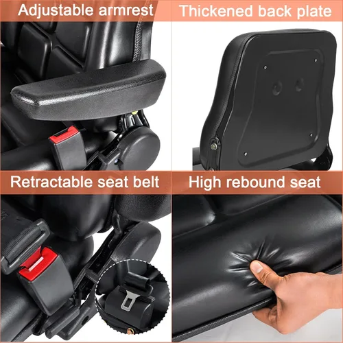 Vista 4 de Asiento universal ajustable para carretilla elevadora con cinturón de seguridad y reposabrazos, respaldo ajustable y riel deslizante Asiento