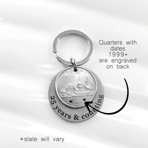 Vista 5 de 25th anniversary gift, 2000, 1999, 1998 1997 1996 1995 silver quarter key chain, 25 years and counting. 1994