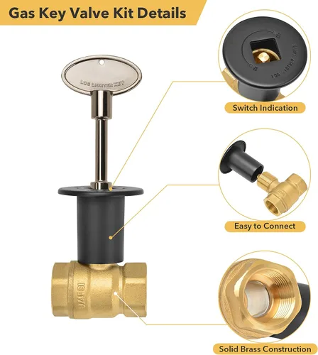 Vista 4 de Skyflame Kit de válvula de llave de gas recta de 3/4 pulgadas para chimenea de hoguera con brida negra plana, llave universal de 3 pulgadas y 12