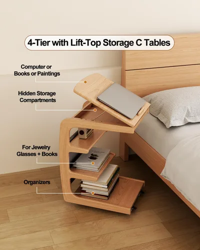 Vista 8 de AQIMUELE Mesa auxiliar de madera en forma de C, escritorio de sofá con 2 ruedas con cerradura, mesa de sofá de 4 niveles con bolsa de Natural