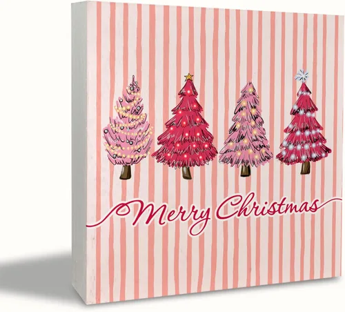 Vista 9 de KEUSPI Cartel de madera rústica rosa con texto en inglés "Merry Christmas", decoración de escritorio de Navidad preparada, árbol de Navidad, caballo