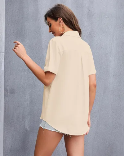 Vista 4 de YAMANMAN Women's Button Down Shirt Work Short Sleeve Collared Blouse Classic Loose Tops Office Chiffon Blouse