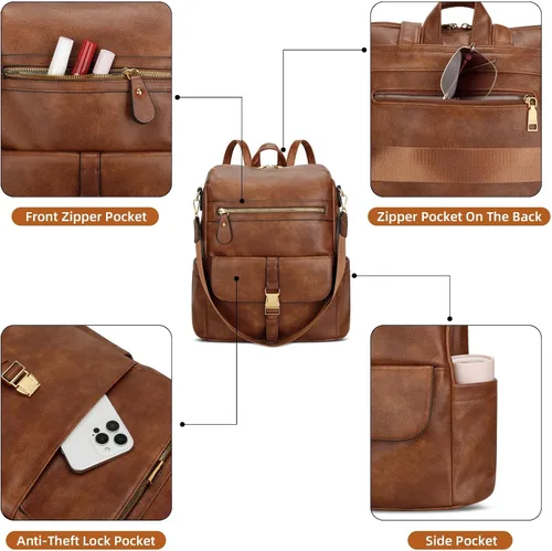 Vista 4 de KKXIU Mochila de cuero para mujer, B- marrón, Mediana, Moda