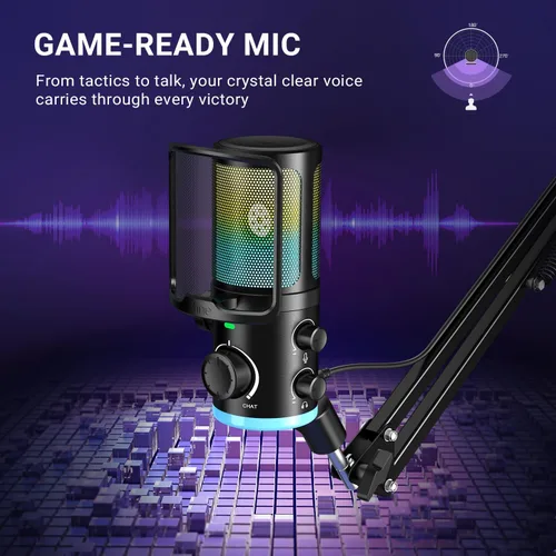 Vista 4 de FIFINE Kit de micrófono de transmisión USB para juegos, micrófono de condensador con RGB, cancelación de ruido, Dial de juego/chat Plug & Play
