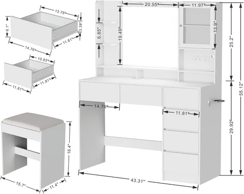 Vista 3 de Escritorio de tocador con espejo y luces, mesa de tocador de maquillaje con 6 cajones y 3 estantes de almacenamiento, toma de corriente y taburete