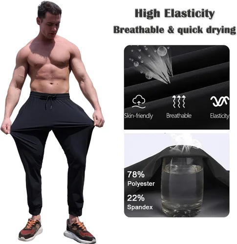 Vista 4 de BECLOH Joggers negros para hombre, pantalones deportivos ligeros sueltos con bolsillos con cremallera, pantalones deportivos de secado rápido