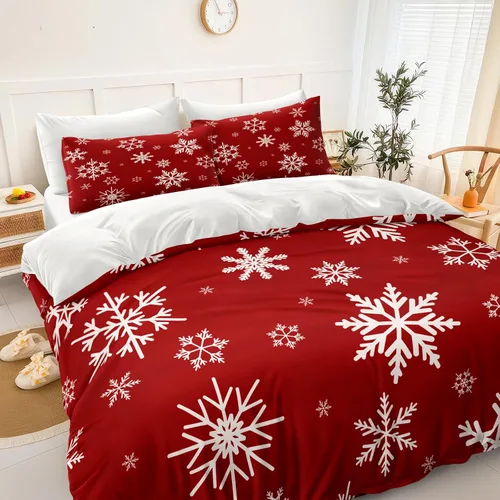 Vista 3 de Juego de ropa de cama de Navidad con funda de edredón de copos de nieve, color blanco y rojo, con estampado navideño, juego de ropa de cama festiva