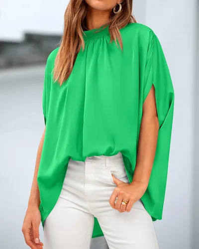 Vista 47 de BTFBM Blusas de verano para mujer, cuello alto falso, manga murciélago, holgadas, dobladillo alto y bajo, blusas informales de gran