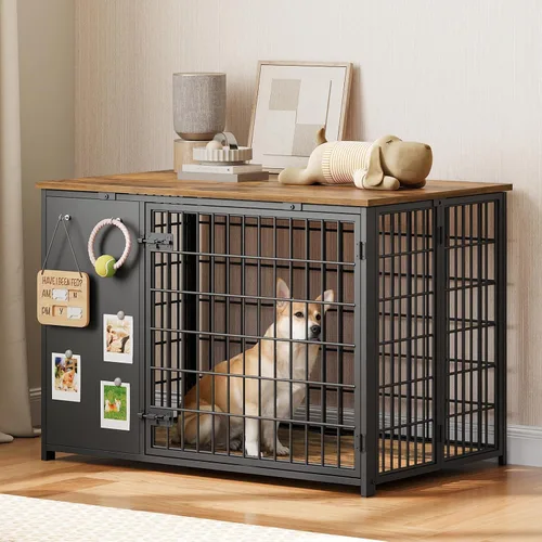 Vista 6 de YATINEY Mueble de jaula para perros plegable, jaula para perros con marco DIY, perrera para perros de interior resistente con ganchos, mesa auxiliar