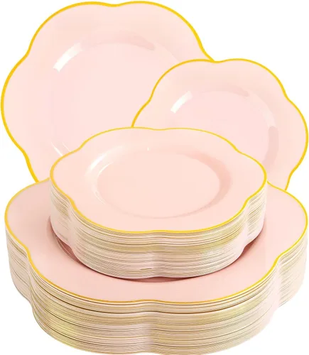 Vista 22 de Liacere 100 platos cuadrados de plástico blanco y plateado, 50 platos de cena blancos resistentes de 9.5 pulgadas y 50 platos de postre de 6 Blanco