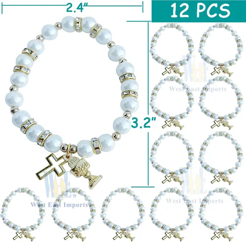 Vista 2 de 12 pulseras de perlas elásticas para la primera comunión con cáliz de metal dorado y dijes de cruzrecuerdos para la primera comunión